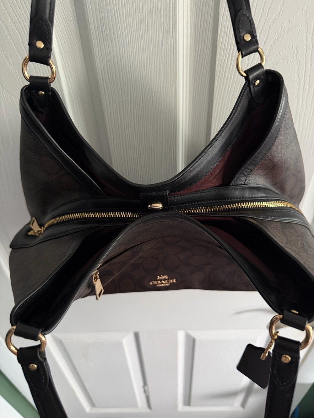 Coach Dark Brown Signature Canvas Shoulder Bag with Black Trim - Picture 7 of 16